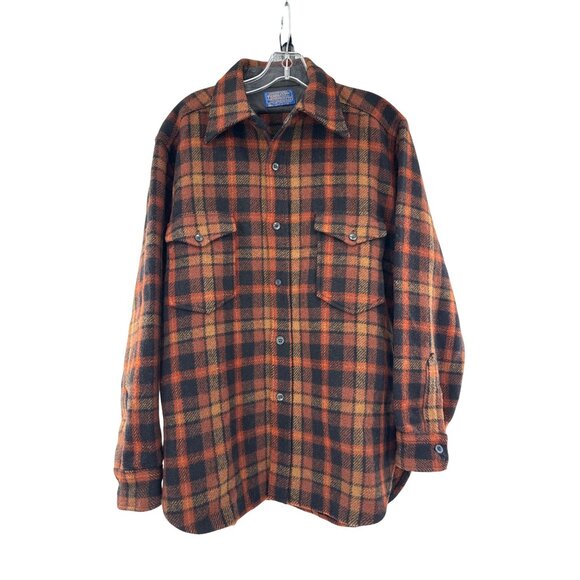Pendleton Mens Virgin Wool Plaid Outdoor Jacket L Orange & Black USA FLAW READ - Picture 1 of 6